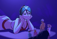drawing giantess bleach color clothed cleavage smiling lying_down short_hair looking_down genie ichigo_kurosaki orihime_inoue no_background rukia_kuchiki smirking bare_midriff caiman2 looking_at_tinies beysterdude