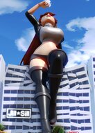 breasts giantess vore city mega color clothed buildings red_hair boots hand dangle clouds outdoors sky sitting_on_building imminent_vore handled digital_render bare_midriff jillsill