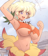 drawing nipples gentle giantess hips city blonde color large_breasts cleavage bra skirt buildings purple_eyes smiling short_hair underboob open_mouth tribal standing jiggle clouds outdoors sky jewelry birds necklace earrings semi_nude between_buildings jungle_de_ikou skull leaf_skirt skull_necklace raised_arm mii_(jungle_de_ikou) mii bare_midriff ncmares yohomeboync yohomeboyraps raps skimpy_clothes cheerfull