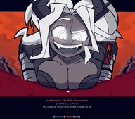 breasts giantess white_hair horns clothed cleavage smiling demoness hell fangs looking_down dialogue glowing_eyes looking_at_tiny grey_skin helltaker lewdssonk knarfdarf judgement_(helltaker)