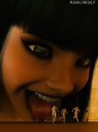 giantess vore black_hair color tongue egyptian smiling short_hair cute shrunken_woman looking_down cruel lipstick imminent_vore digital_render ashkiiwolf looking_at_tinies samia nude_tiny