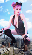 giantess collage giga city color destruction cleavage buildings helicopter angry pink_hair boots looking_down streets vehicles clouds outdoors sky goggles semi_nude looking_at_city cleavage_window looking_at_tinies dochamps heavy_eyeshadow