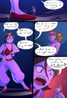 drawing giantess comic color blue_eyes clothed angry brunette short_hair looking_down genie night outdoors dialogue looking_at_tiny bare_midriff caiman2 beysterdude