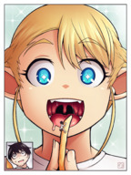 drawing vore blonde color blue_eyes clothed mouth smiling short_hair mawshot looking_down imminent_vore no_background looking_at_tiny pointed_ears thunderafterdark elf-san_wa_yaserarenai erufuda-san french_fry