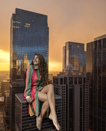 collage city color clothed barefoot buildings brunette smiling street sitting vehicles clouds looking_up outdoors sky sunset nail_polish bare_legs worldofgiants sitting_on_buildings
