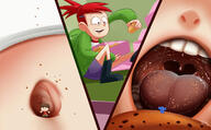 drawing vore comic color tongue clothed mouth saliva red_hair ponytail short_hair navel mawshot unaware bloo frankie_foster mac shrunken_man box jacket cookie hood imminent_vore bellybutton fosters_home_for_imaginary_friends kisparlius crumbs cartoon_network teeth shoes hair_pin