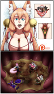 breasts drawing giantess vore blonde comic color large_breasts long_hair tongue blue_eyes clothed mouth cleavage saliva digestion fox_ears mawshot stomach kitsune prey stomach_acid on_tongue shrine_maiden pred spokle bewteen_breasts inner_view voredigestion multi_prey kitsunecysh