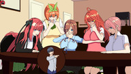 giantess long_hair blue_eyes clothed skirt ribbon brunette pink_hair red_hair short_hair table shrunken_man looking_down giantesses shrunken_person indoors hair_ribbon orange_hair looking_at_tiny heart_eyes star_eyes kwaiigts the_quintessential_quintuplets nakano_ichika nakano_itsuki nakano_yotsuba nakano_miku nakano_nino uesugi_fuutarou