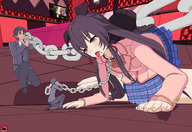 drawing giantess color long_hair tongue clothed skirt brunette bondage collar shrunken_man looking_down chain shrunken_person indoors hairband dog_girl looking_at_tiny bare_legs dog_ears sticking_out_tongue heart_eyes kwaiigts hensuki tokihara_sayuki kiryuu_keiki masochist