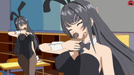 drawing gentle giantess blushing color long_hair bunny_ears cleavage stockings kissing hand shrunken_man shrunken_person indoors nylon grey_hair closed_eyes handled bunny_outfit kwaiigts aobuta sakurajima_mai azusagawa_sakuta