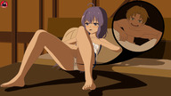 drawing giantess panties masturbation color long_hair clothed barefoot bed purple_hair purple_eyes lying_down hand unaware shrunken_man fingers shrunken_person indoors bedroom semi_nude bare_legs bare_thighs nude_tiny kwaiigts mushoku_tensei roxy_migurdia rudeus_greyrat white_paint