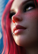giantess micro macro color low_angle yellow_eyes shrunken lips pink_hair piercings unaware shrunken_man dangle clouds outdoors sky freckles kayla digital_render nose_piercing lip_piercing nude_tiny jmark1966