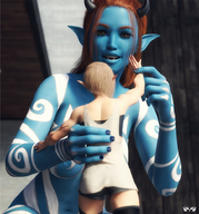 breasts nipples nude horns size_difference blonde color topless smiling elf mini_giantess hand demoness blue_skin fangs looking_down tribal tattoo nail_polish semi_nude orange_hair handled imp looking_at_tiny pointed_ears digital_render bare_legs bare_midriff innocent-owl bare_thighs mini_girl holding_tiny