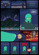drawing giantess comic color clothed water finger huge_breasts yellow_eyes hand outdoors closed_eyes dialogue hood green_skin cthulhu-ette kiwihermit frosty_roy cthulhu knarfdarf cutethulhu growing_eyes