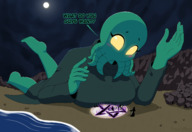 drawing gentle crush color large_breasts clothed beach barefoot ocean breast_crush yellow_eyes moon lying_down looking_down sand tentacles clouds night thighs robe outdoors sky commission dialogue hood glowing_eyes green_skin looking_at_tiny pentagram cthulhu-ette frosty_roy cthulhu knarfdarf cutethulhu