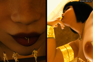 breasts nipples giantess nude vore comic black_hair color princess topless low_angle egyptian short_hair cute shrunken_people shrunken_woman lipstick soft_vore necklace bracelet digital_render armlet ashkiiwolf samia nude_tiny