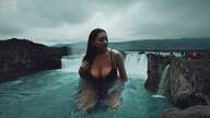 bikini giantess collage mega black_hair color long_hair water waterfall river clouds outdoors sky semi_nude in_water canyon bare_legs looking_at_tinies tekitocreations bare_thighs ashley_emiko