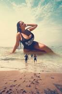 bikini giantess collage mega black_hair color long_hair beach cleavage water ocean sand clouds outdoors sky tattoo semi_nude in_water bare_legs tekitocreations bare_thighs