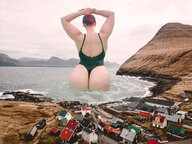 collage city color water buildings red_hair short_hair lake clouds outdoors sky semi_nude cap in_water tekitocreations