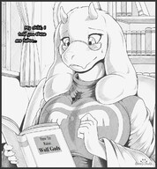 breasts drawing gentle furry horns anthro monochrome large_breasts clothed glasses smiling sitting window shrunken_man looking_down goat chair indoors s2-freak long_ears book dialogue reading on_breasts bookcase undertale toriel sweat_drop grayscale crosshatching