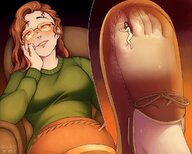 drawing gentle feet black_hair color clothed toes soles glasses shoes brunette sweat brown_eyes in_shoe couple sitting fire lesbians shrunken_woman entrapment between_toes indoors curly_hair nail_polish steam shoe_entrapment hollewdz straight_hair hand_on_face nude_tiny