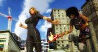 giantess city mega blonde black_hair color destruction clothed rampage skirt buildings yellow_eyes smiling short_hair unknown_artist hand fire cruel giantesses vehicles clouds outdoors sky nail_polish rings bracelet source_needed handled digital_render sadistic_smile armlet smirking
