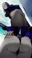 drawing nipples giantess crush city mega color large_breasts butt destruction clothed buildings butt_crush purple_hair angry purple_eyes low_angle camel_toe raven teen_titans short_hair skyscraper standing clouds thighs outdoors sky point_of_view looking_back sideboob cape belt leotard slapping hand_on_hips on_butt dc_comics between_buttcheeks anon bare_legs grey_skin ravenravenraven against_butt hand_on_butt bare_thighs