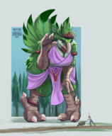 drawing gentle giantess furry macro color blue_eyes clothed barefoot cleavage goddess smiling looming looking_down forest bird outdoors sky trees farmer tiara avian beak feathers titania talons looking_at_tiny loincloth bare_legs green bare_thighs knightoiuy bare_talons yggiiggy knightouy