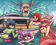 drawing gentle giantess white_hair color long_hair blue_eyes clothed one_piece cleavage bra water ocean green_eyes purple_hair mermaid yellow_eyes smiling pink_hair green_hair red_hair giantesses boats clouds outdoors sky mermaids ships looking_at_viewer octopus ariel the_little_mermaid shirahoshi semi_nude in_water green_skin looking_at_tiny shantae giga_mermaid bare_midriff cuphead cala_maria otheruizart zaneclarence10 mermay zeroth_dragon_of_distant_sea_megiddo cardfight_vanguard octopus_hair clam_bra