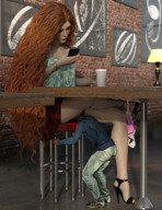 size_difference color long_hair clothed skirt high_heels red_hair mini_giantess sitting between_legs table shrunken_man oral_sex indoors freckles bar bracelet orange_hair digital_render bare_legs cafe mundogts wild_hair