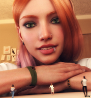 gentle giantess color green_eyes smiling red_hair piercings shrunken_people shrunken_woman shrunken_man looking_down indoors looking_at_viewer bracelet ear_piercing orange_hair digital_render nose_piercing lip_piercing innocent-owl