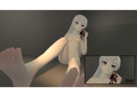 gentle white_hair nude color long_hair blue_eyes barefoot topless smiling unknown_artist sitting shoulder indoors nail_polish source_needed sitting_on_floor on_shoulder digital_render rwby bare_legs bare_midriff bare_thighs