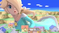 giantess city mega blonde color long_hair blue_eyes clothed mario buildings dress lying_down unknown_artist clouds houses outdoors sky necklace source_needed digital_render princess_rosalina