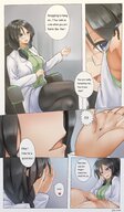 drawing gentle comic black_hair color blue_eyes clothed handheld playful glasses climbing tiny shrunken lips sitting kissing hand office palm dangle indoors lab dialogue handled labcoat nz sheograth10 amy_kobayashi