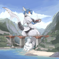 bikini drawing giantess furry macro tail anthro shark mega color large_breasts butt bridge claws beach handheld ocean traffic blue_hair paws short_hair sitting piercings sand mountains holding river boats clouds thighs outdoors sky ships semi_nude handled rear_view behind_view visor bare_legs fins looking_at_tinies unamused scream_(artist) nikki_(pogonip) pogonip bare_thighs scream collapsing rearview sitting_on_bridge