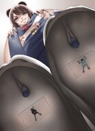 drawing color blue_eyes clothed brunette domination low_angle smiling sandals cruel under_foot point_of_view taped_down under_sandal tabi_socks no_background smirking miaokong