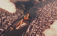 giantess giga city color long_hair barefoot water buildings brunette high_angle lying_down river clouds looking_up outdoors aerial_view semi_nude bare_butt barbara_palvin digital_render bare_legs render-farmer bare_thighs budapest hungary