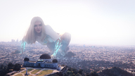giantess giga city blonde color long_hair destruction buildings smiling sneakers clouds los_angeles sky all_fours looking_at_viewer mutant california digital_render render-farmer anya_taylor-joy griffith_observatory