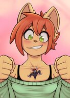 drawing micro furry macro blushing cat anthro size_difference color clothed cleavage bra green_eyes cat_ears grinning mouse smiling red_hair short_hair looking_down pinned sweater orange_hair no_background looking_at_tiny smirking between_breasts tdart saku saku_the_cat bra_straps