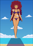 bikini drawing giantess mega alien color large_breasts long_hair swimsuit beach cleavage ocean green_eyes teen_titans red_hair starfire sand clouds outdoors sky semi_nude dc_comics orange_skin bare_legs nightcore100 bare_midriff bare_thighs
