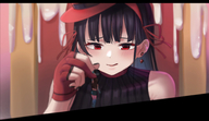 drawing giantess black_hair color long_hair tongue clothed handheld red_eyes lips gloves hand shrunken_woman teasing looking_down dangle fingers hat between_fingers nail_polish licking_lips earrings handled looking_at_tiny toying kuroihassan