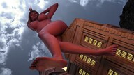 nipples nude city mega blonde color long_hair barefoot buildings topless low_angle sitting clouds outdoors sky closed_eyes sideboob bare_butt sitting_on_building digital_render bare_back bare_legs bare_midriff velocity-vektor bare_thighs giatness