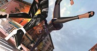 giantess city mega blonde color clothed high_heels buildings low_angle street kick wrestle giantesses clouds outdoors sky digital_render velocity-vektor
