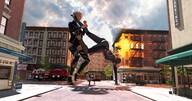 giantess white_hair city mega blonde color clothed high_heels buildings street kick wrestle giantesses clouds outdoors sky digital_render velocity-vektor