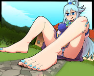 drawing giantess panties feet upskirt color long_hair cum blue_eyes clothed toes barefoot blue_hair orgasm smiling sitting foot_crush looking_down clouds houses outdoors sky under_foot nail_polish smothering striped_panties footjob sitting_on_floor blue_nails mspaintgts looking_at_tiny bare_legs konosuba toejob aqua bare_thighs