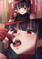 drawing giantess black_hair color long_hair tongue clothed mouth handheld red_eyes lips gloves hand mawshot shrunken_woman teasing looking_down open_mouth dangle fingers hat between_fingers nail_polish licking_lips earrings imminent_vore handled looking_at_tiny toying kuroihassan