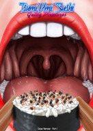 drawing giantess vore comic color tongue mouth teeth saliva lips mawshot chopsticks point_of_view sushi tsumi daichi777 tsumi_umi_sushi