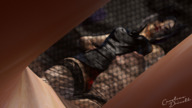 panties feet upskirt black_hair color long_hair clothed toes cat_ears purple_eyes fishnets entrapment between_toes point_of_view red_panties digital_render evel_inc fishnet_entrapment