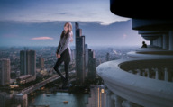 giantess collage city mega blonde color clothed skirt buildings asian boots skyscraper river clouds outdoors sky looking_at_viewer lagunalela bangkok