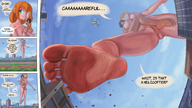 drawing growth gentle giantess nude city comic color long_hair handheld toes barefoot buildings helicopter soles glasses green_eyes topless low_angle hand giantesses clouds dirty_soles sky under_foot point_of_view braid raised_foot dialogue orange_hair bare_butt perspective handled debris bare_legs bare_midriff artclonov bare_thighs emily_r magdalena_g